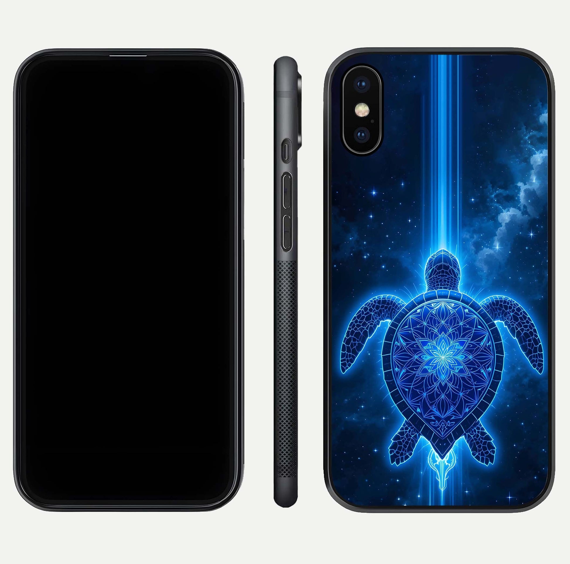 Blue Galaxy Turtle Glass Case for iPhone X front-and-back layout highlighting cosmic art and reflective glass