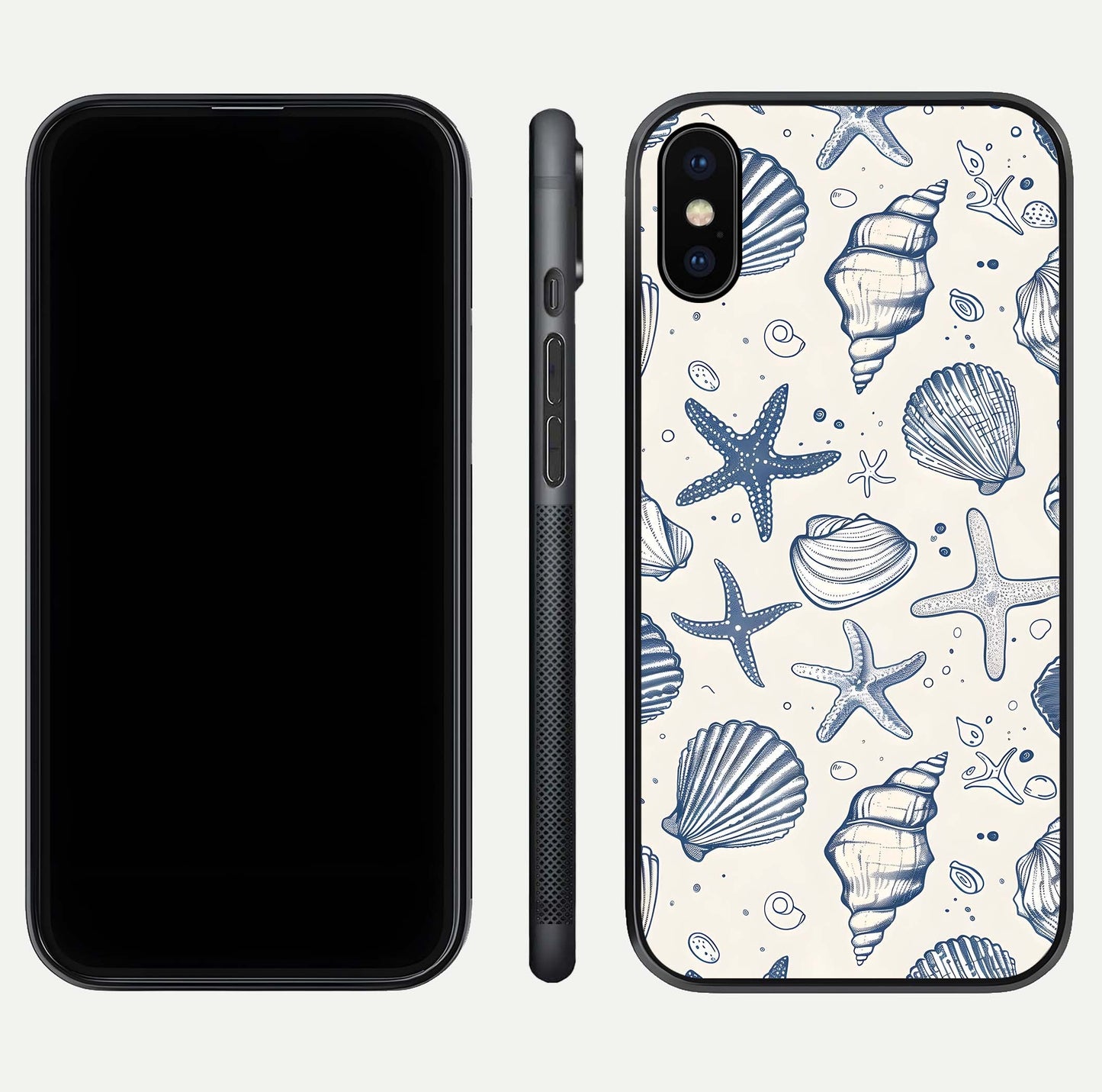 Blue Ocean Outline Glass Case for iPhone X front-and-back layout showing minimal wave design and HD gloss