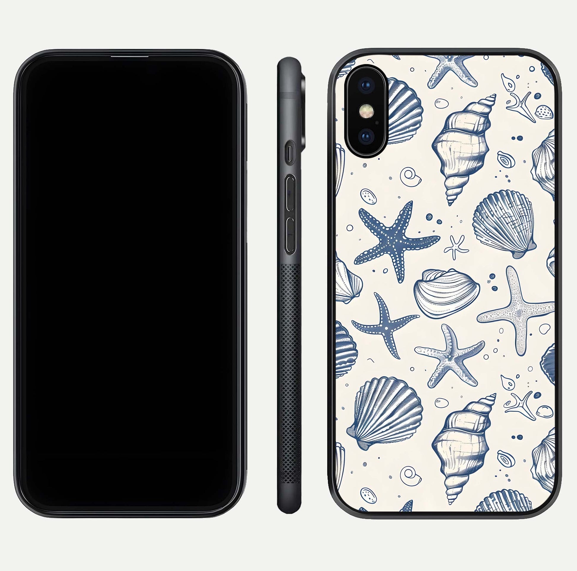 Blue Ocean Outline Glass Case for iPhone X front-and-back layout showing minimal wave design and HD gloss