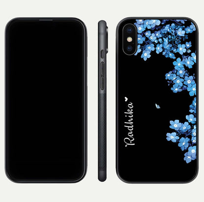 Blue Petal Dream Custom Name Glass Case for iPhone X dual-view layout showing text placement and premium finish