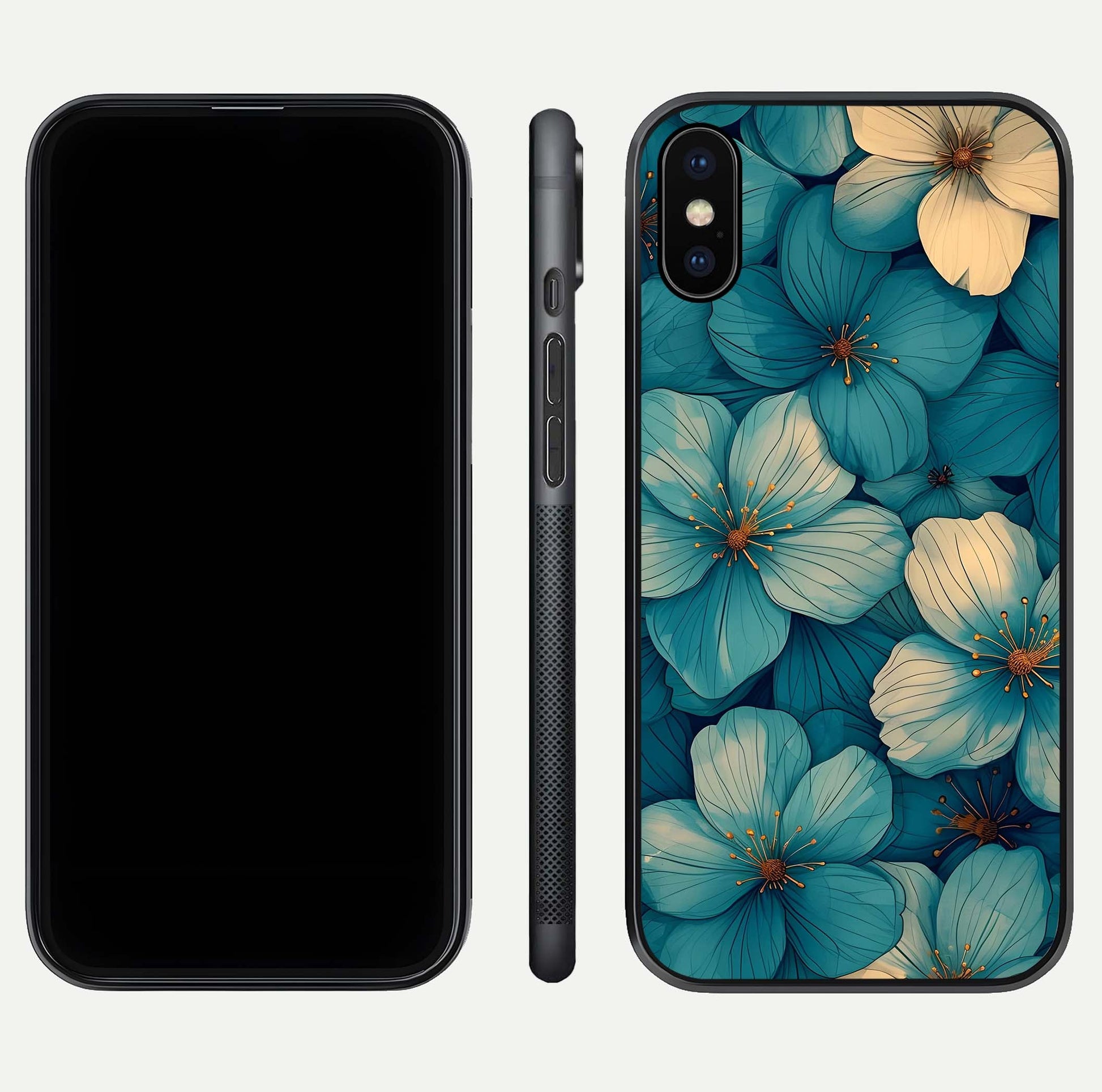 Blue Shade Floral Glass Case for iPhone X front-and-back layout displaying bloom contrast and edge polish