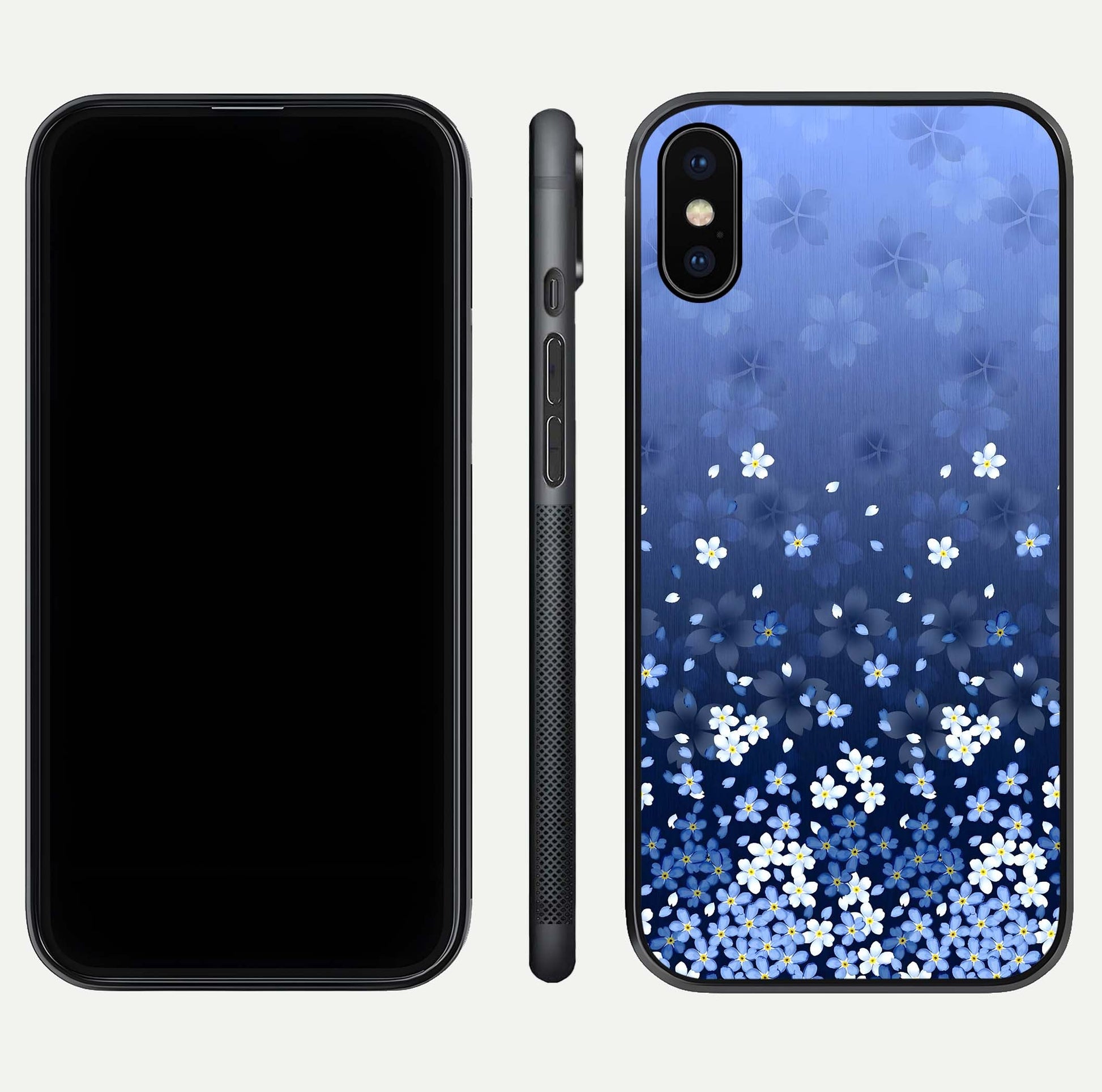 Blue Starry Glass Case for iPhone X dual-view layout showing star spread and smooth edge shine