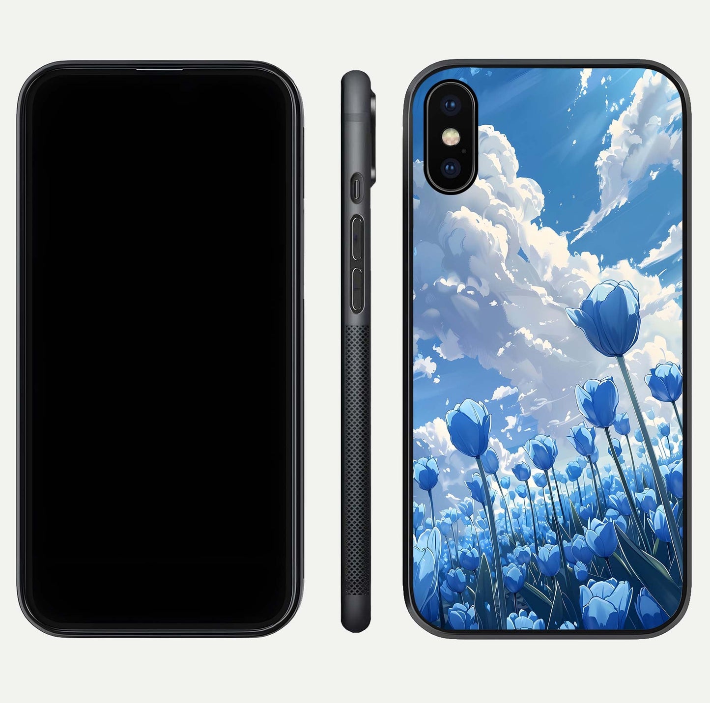 Blue Tulip Clouds Glass Case for iPhone X front-and-back layout showcasing floral detail and polished edges