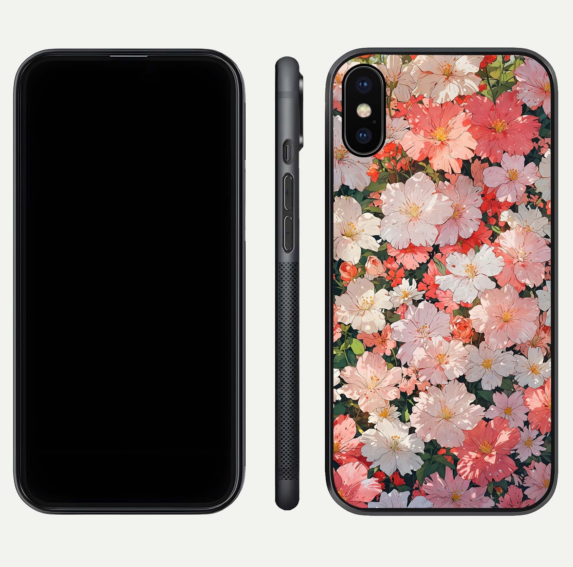 Blush Bloom Field Glass Case for iPhone X dual-view layout showing bloom arrangement and protective frame