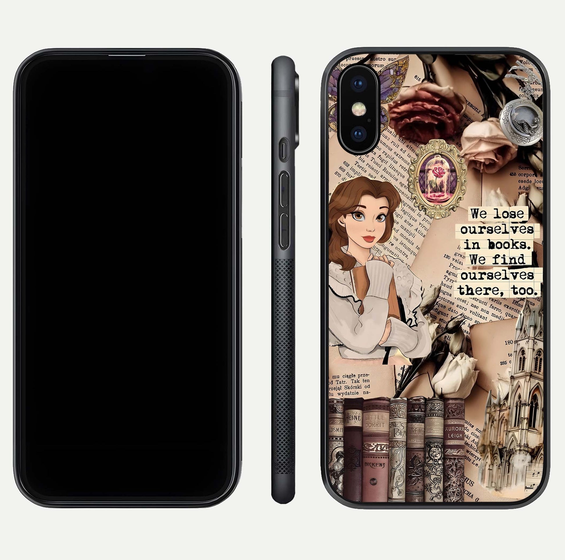 Bookish Dream World Glass Case for iPhone X dual-view layout displaying colorful fantasy print and edge finish