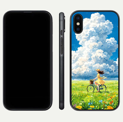 Breezy Meadow Ride Glass Case for iPhone X dual-view layout showing soft landscape design and reflection gloss