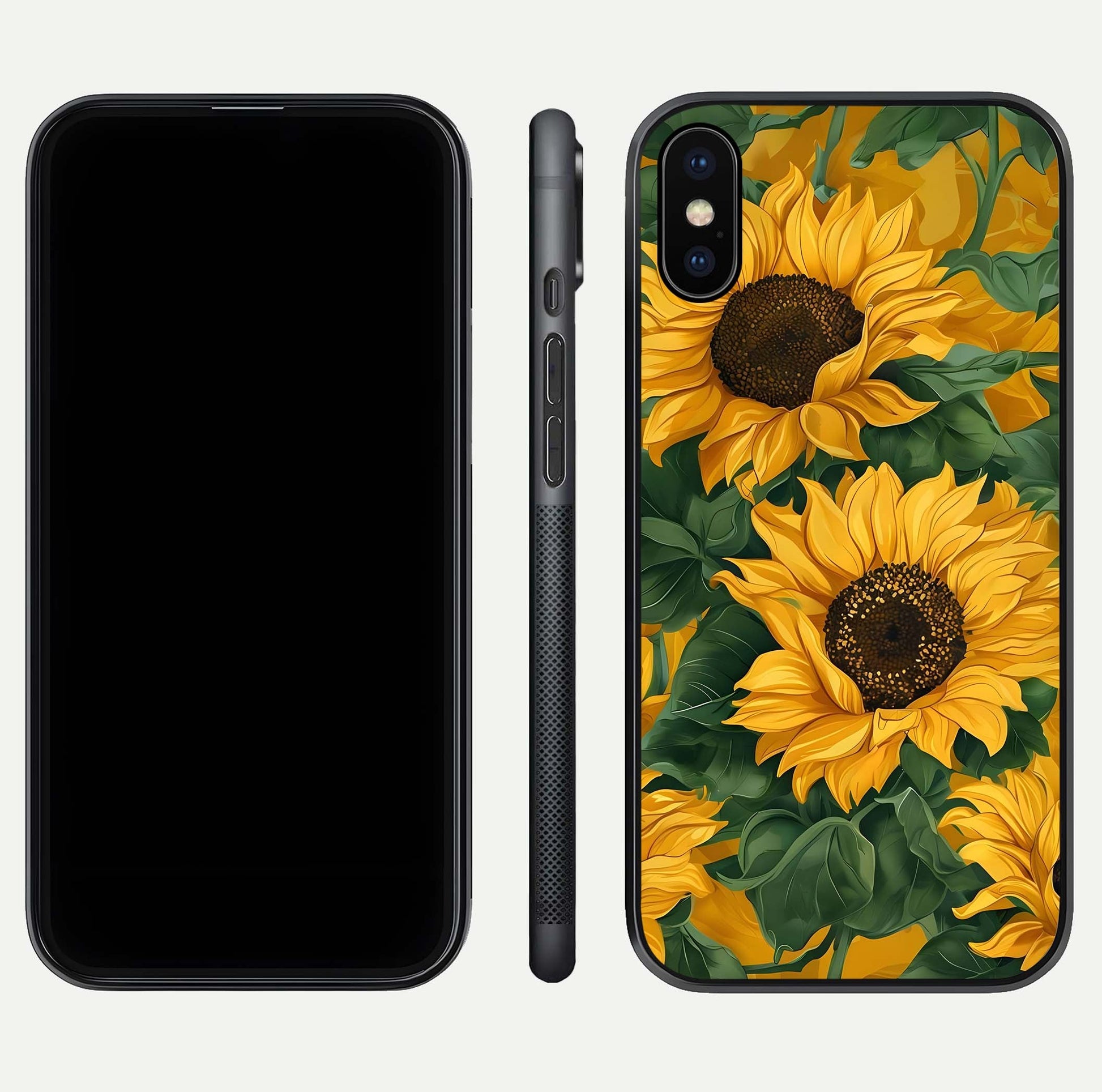 Bright Sunflower Bloom Glass Case for iPhone X dual-view layout displaying floral glow and curved glass edge
