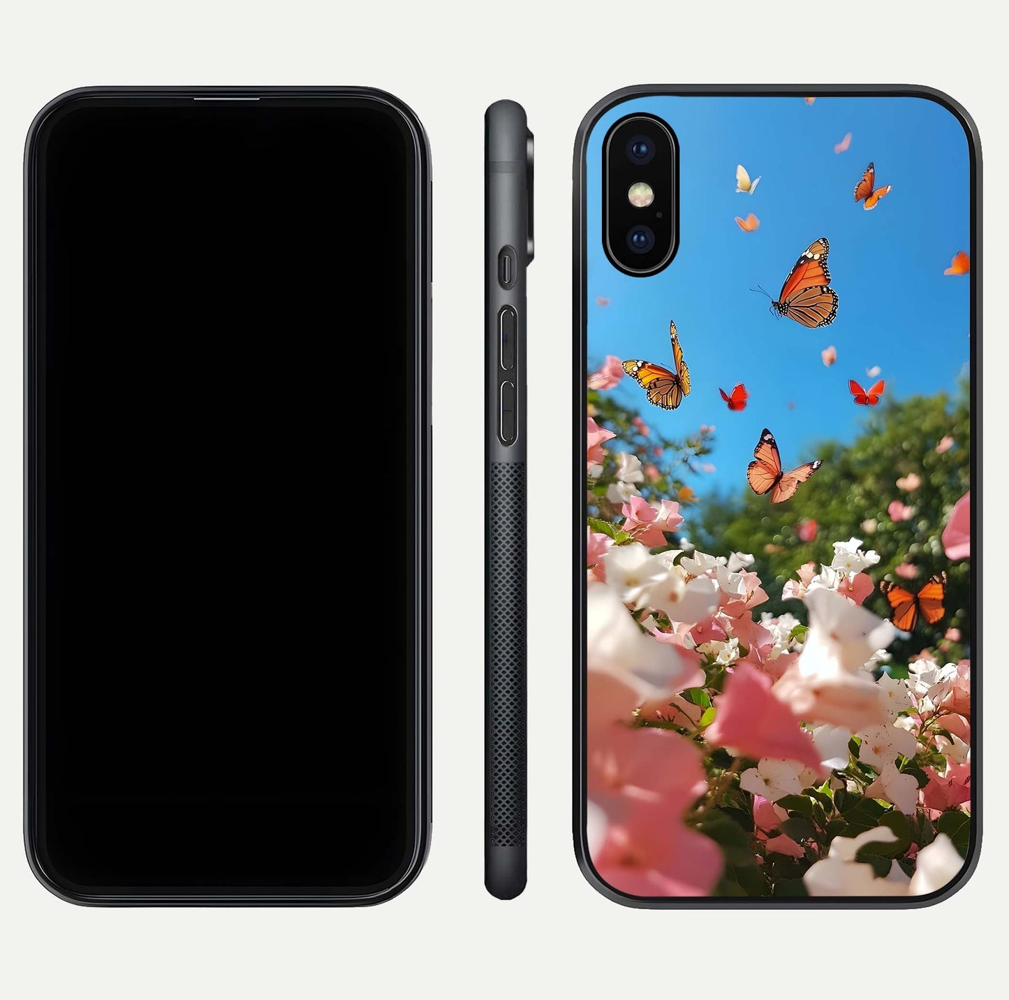 Butterflies in Bloom Sky Glass Case for iPhone X dual-view layout displaying elegant composition and glass gloss