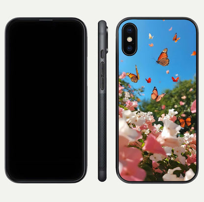 Butterflies in Bloom Sky Glass Case for iPhone X dual-view layout displaying elegant composition and glass gloss