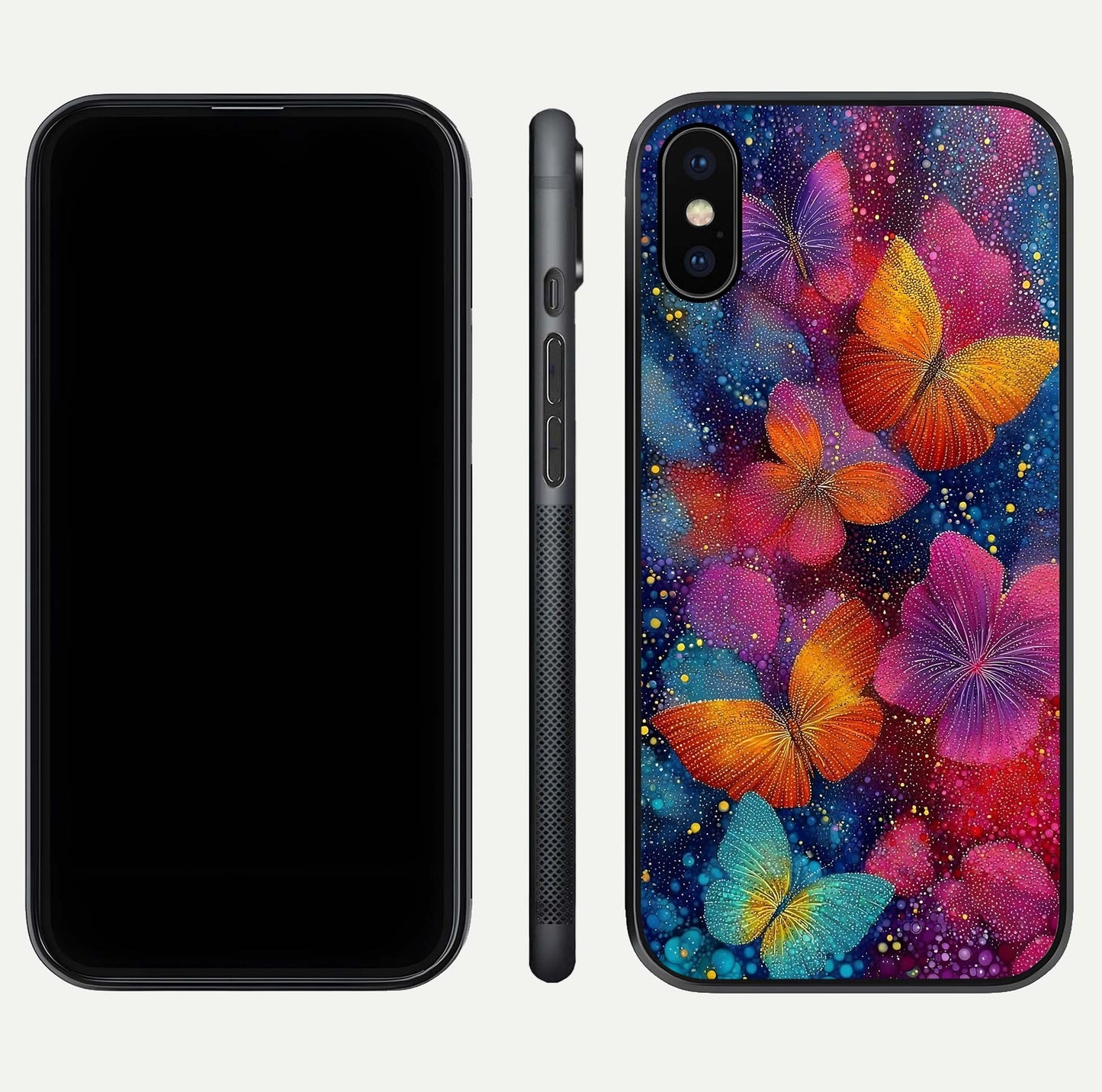 Butterfly Dream Mist Glass Case for iPhone X dual-view layout showing mist background and edge polish