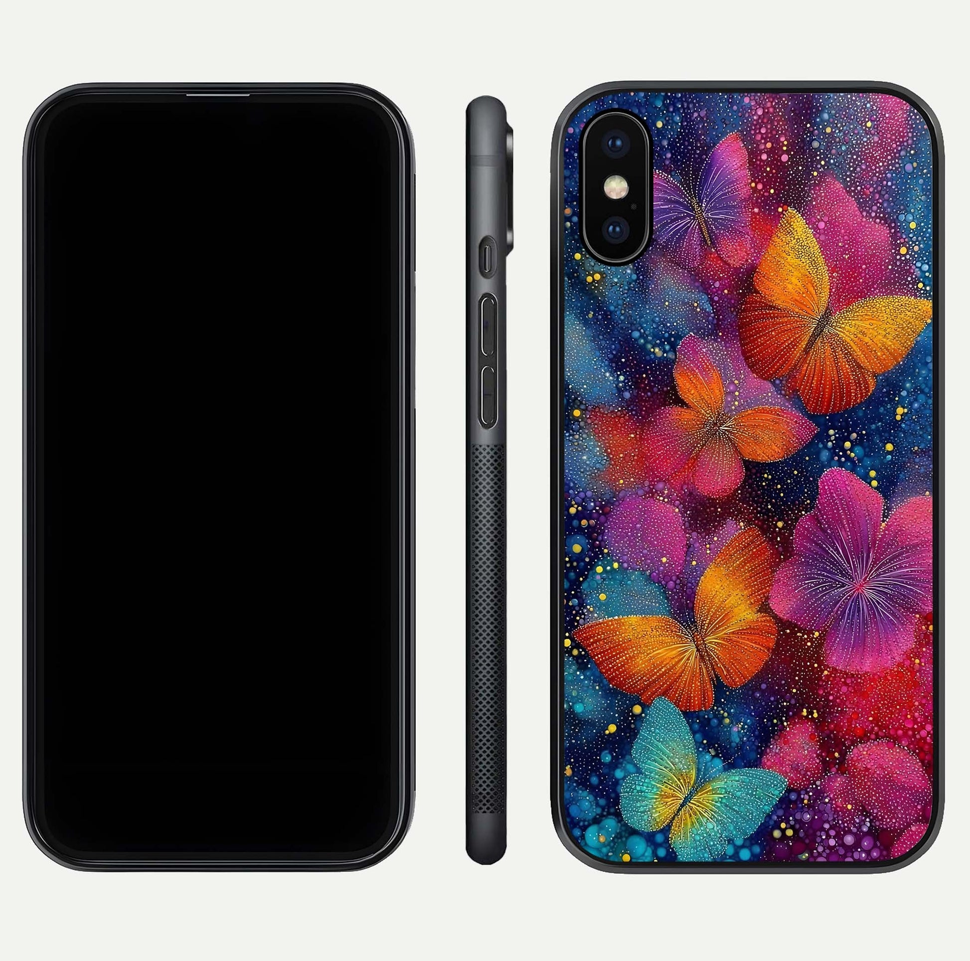 Butterfly Dream Mist Glass Case for iPhone X dual-view layout showing mist background and edge polish