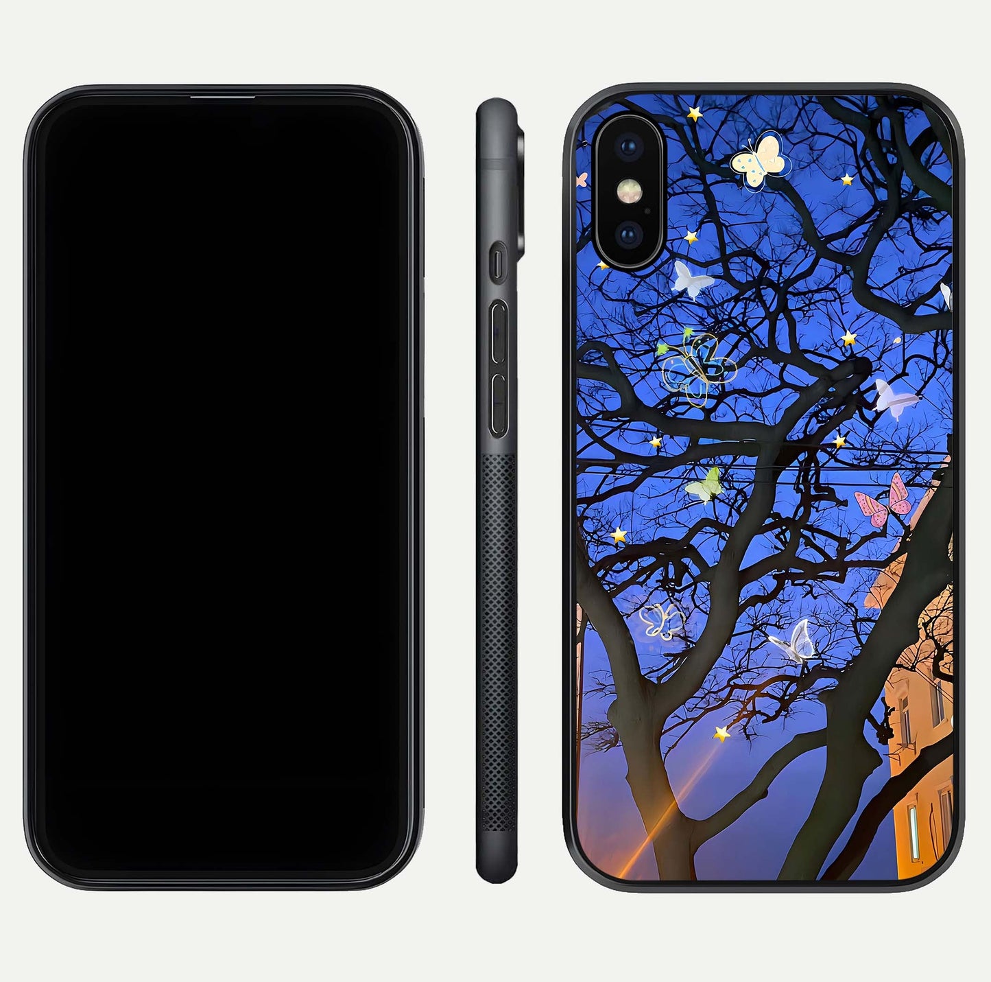 Butterfly Night Magic Glass Case for iPhone X dual-view layout displaying balanced art and edge clarity