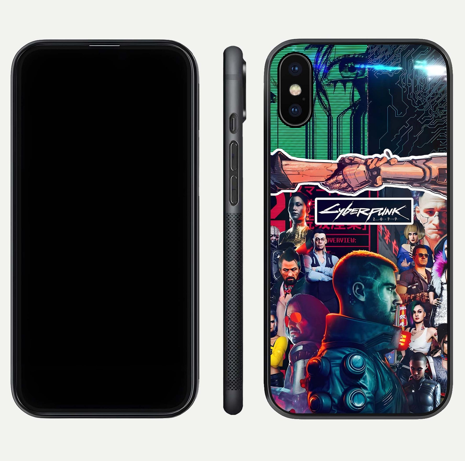 CYBERPUNK Legacy Glass Case for iPhone X dual-view layout showing cyberpunk hues and glass precision