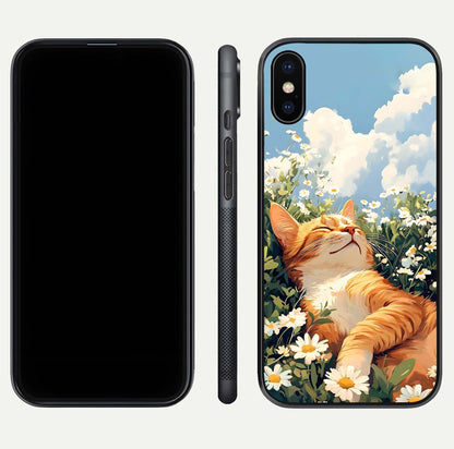 Cat & Flowers View Glass Case for iPhone X front-and-back layout showing floral balance and gloss surface