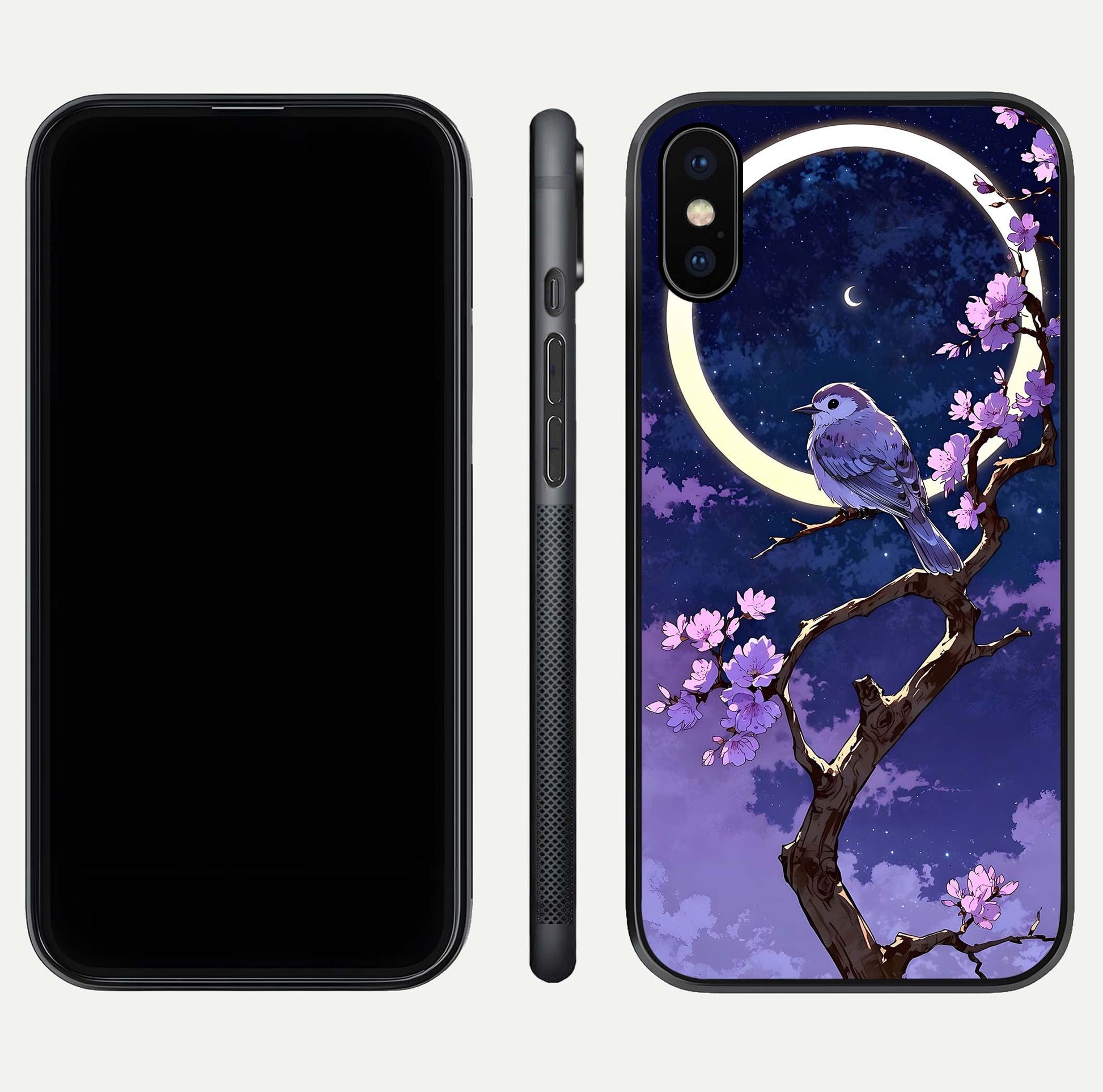 Celestial Bird Blossom Glass Case for iPhone X dual-view layout showing art composition and edge clarity