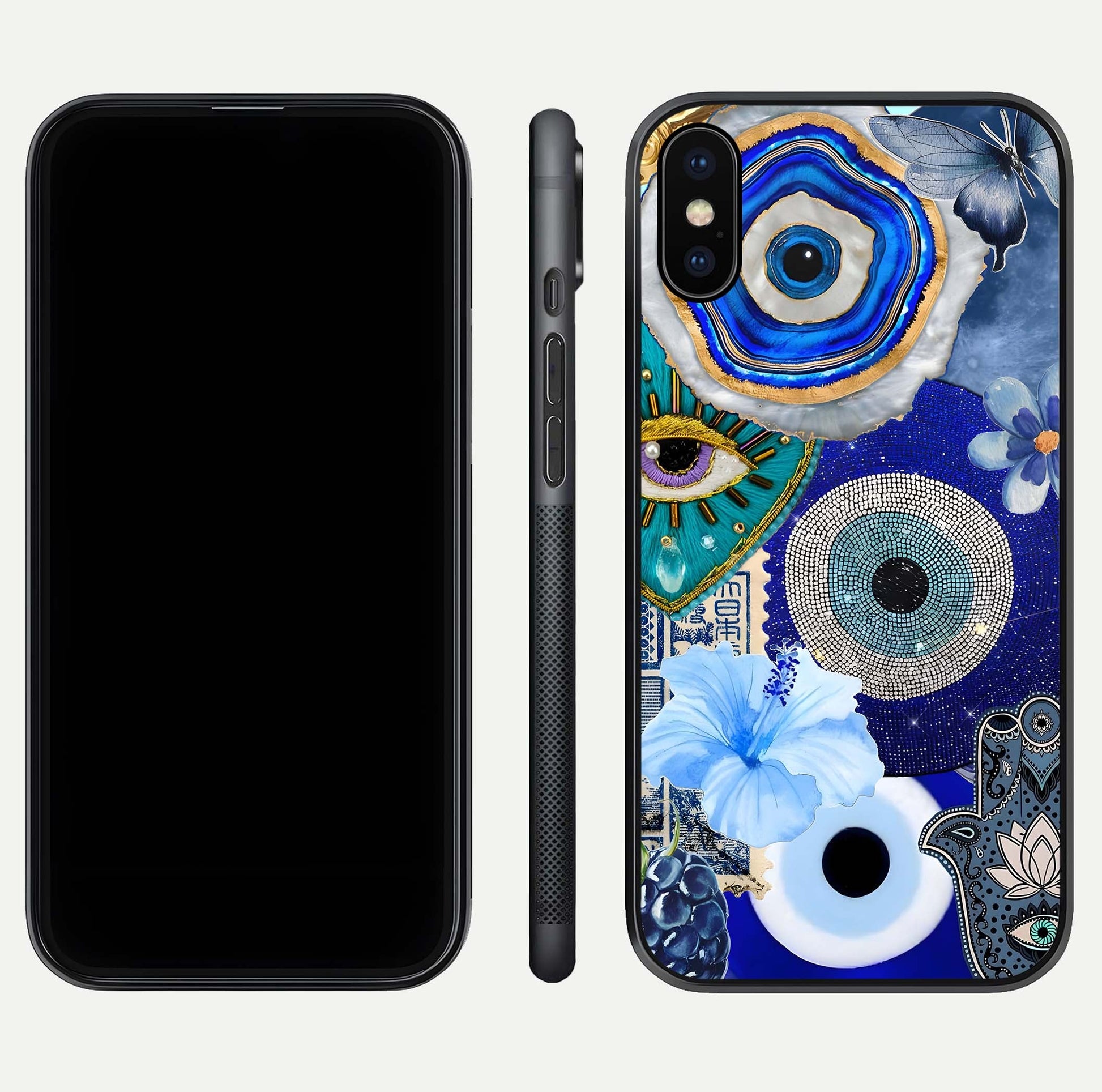 Celestial Blue Vision Glass Case for iPhone X dual-view layout showing celestial gradient and curved edges