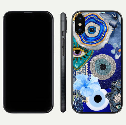 Celestial Blue Vision Glass Case for iPhone X dual-view layout showing celestial gradient and curved edges
