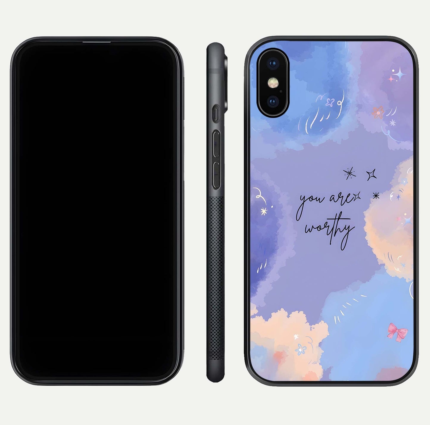 Celestial Cloud Magic Glass Case for iPhone X dual-view layout showcasing soft color transition and gloss shine