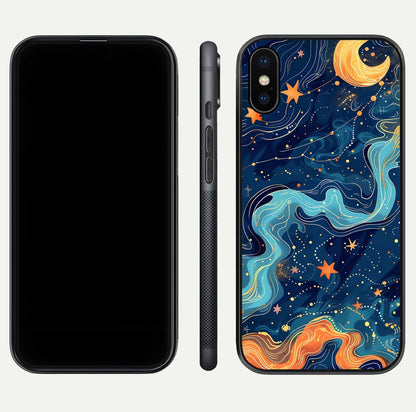 Celestial Dream Flow Glass Case for iPhone X dual-view layout showing abstract flow and curved glass