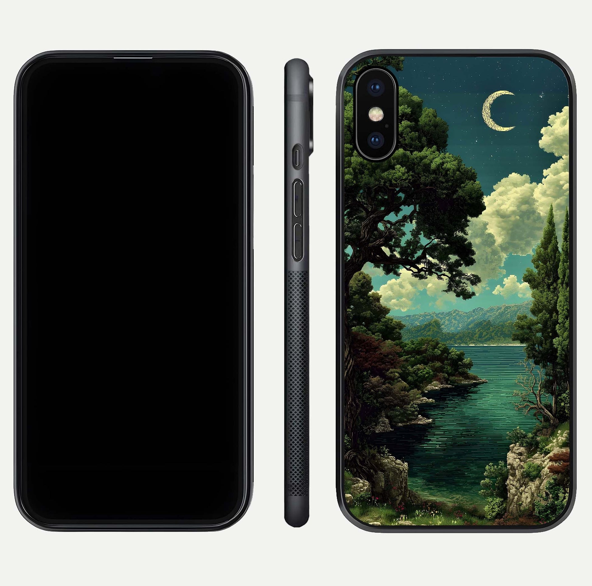 Celestial Lake Peace Glass Case for iPhone X dual-view layout showing soft hues and HD shine