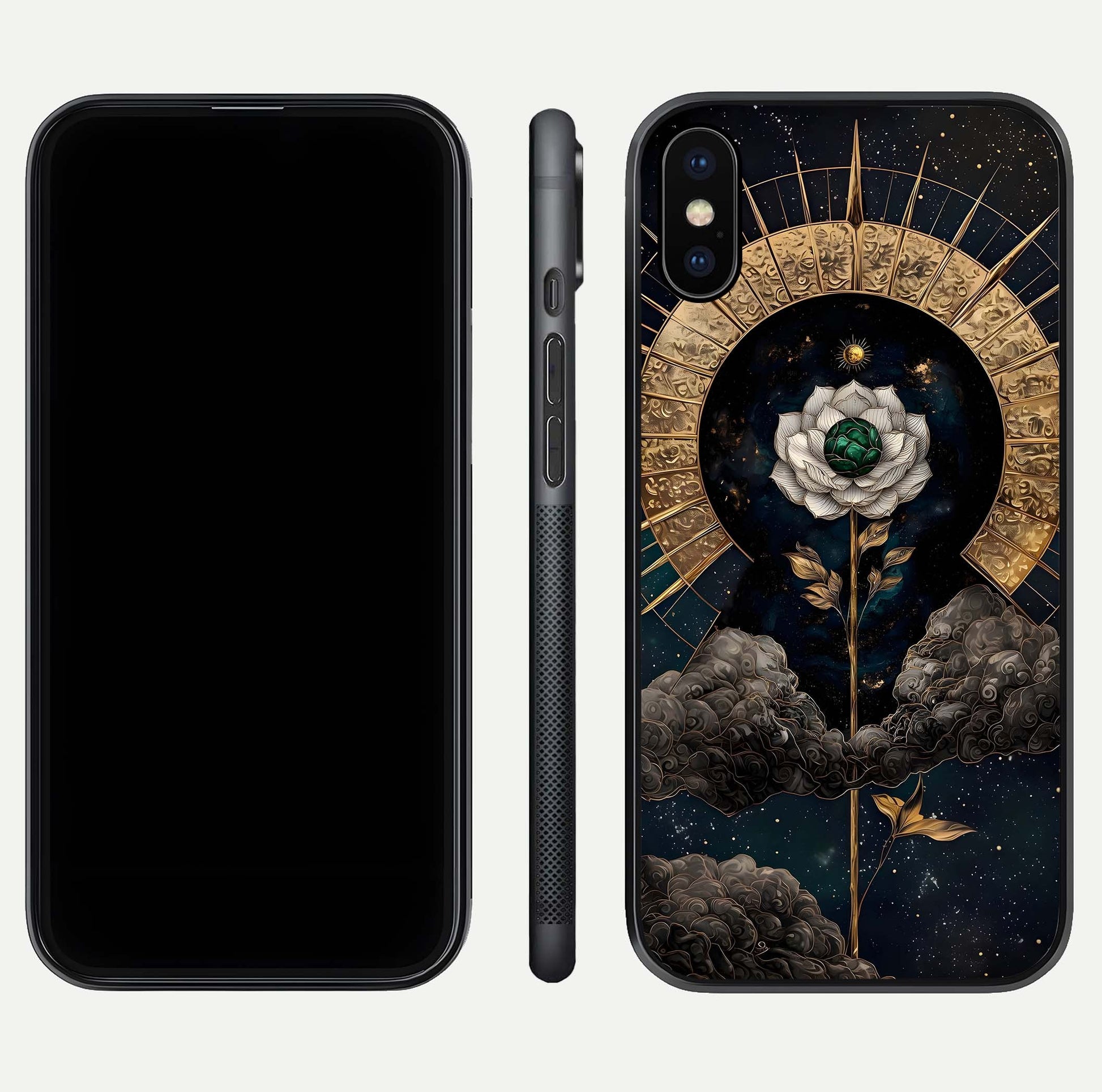 Celestial Lotus Morang Glass Case for iPhone X dual-view layout displaying floral symmetry and polished edges