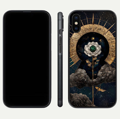 Celestial Lotus Morang Glass Case for iPhone X dual-view layout displaying floral symmetry and polished edges