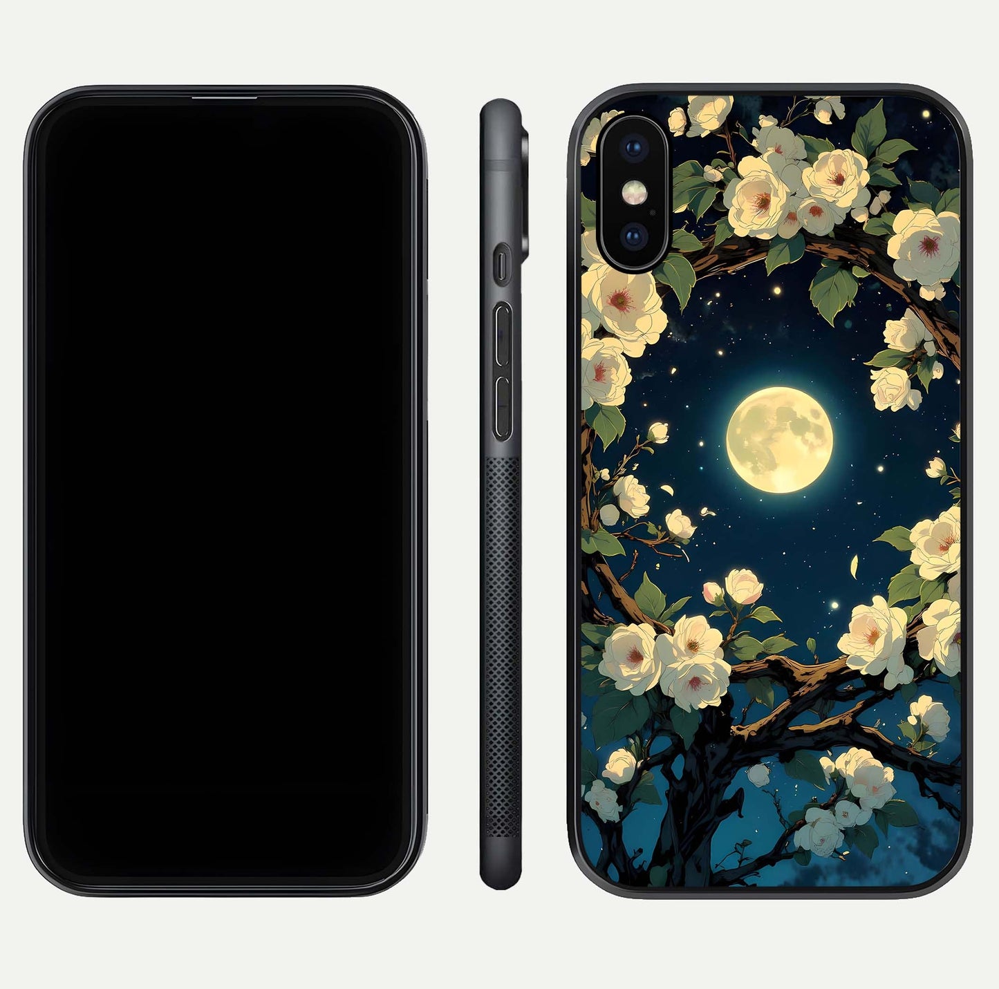 Celestial Moon & Flower Glass Case for iPhone X dual-view layout showing balanced lunar art and gloss tone