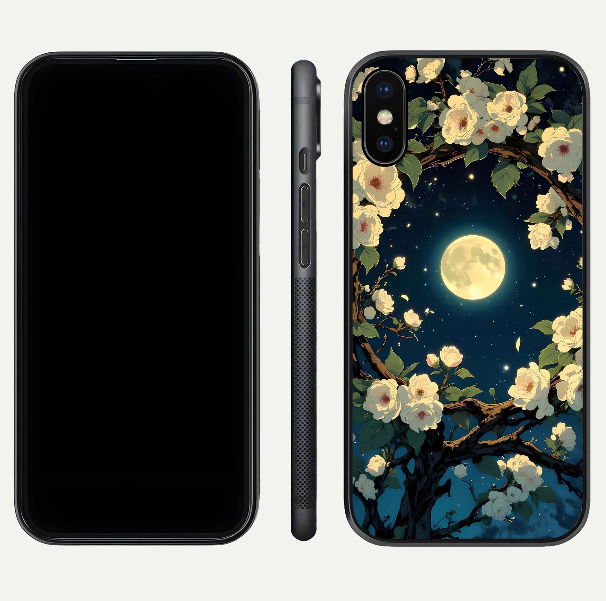 Celestial Moon & Flower Glass Case for iPhone X dual-view layout showing balanced lunar art and gloss tone