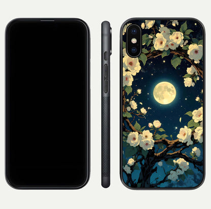 Celestial Moon & Flower Glass Case for iPhone X dual-view layout showing balanced lunar art and gloss tone