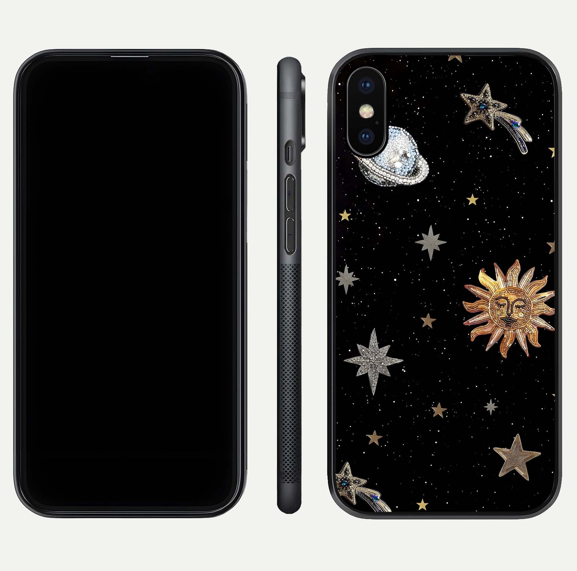 Celestial Moon With Stars Glass Case for iPhone X front-and-back layout displaying lunar art and premium finish