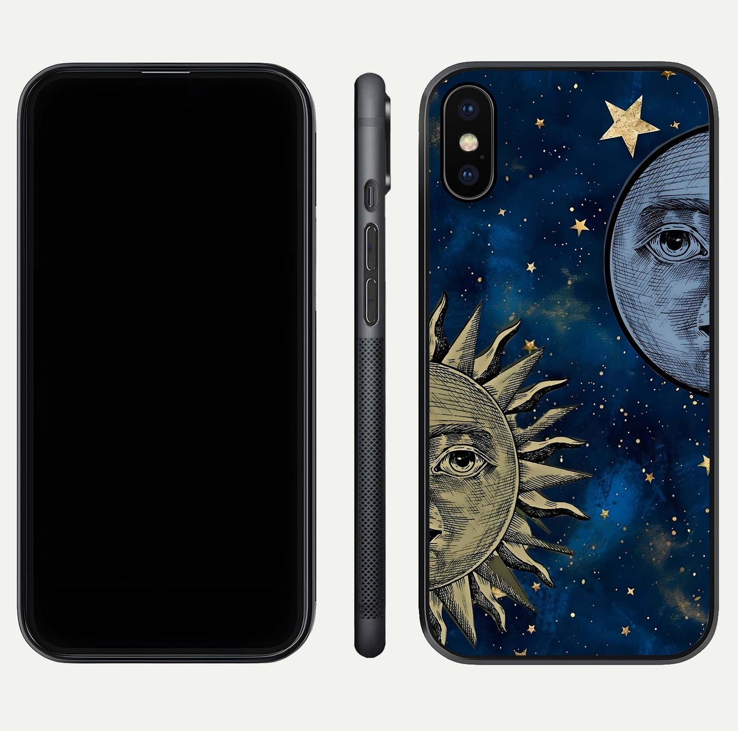 Celestial Moon With Sun Glass Case for iPhone X dual-view layout showing luminous pattern and curved edges