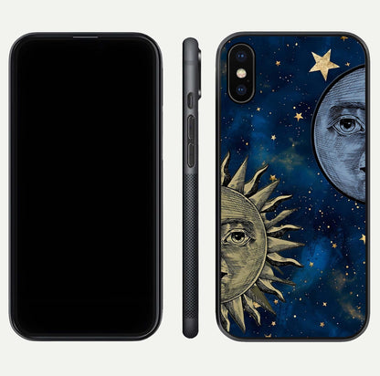 Celestial Moon With Sun Glass Case for iPhone X dual-view layout showing luminous pattern and curved edges