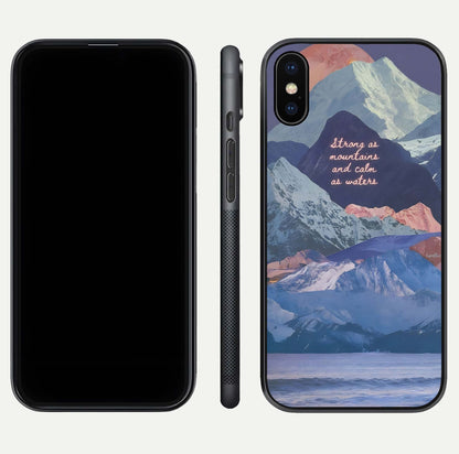 Celestial Mountain Calm Glass Case for iPhone X dual-view layout displaying scenic tones and curved finish