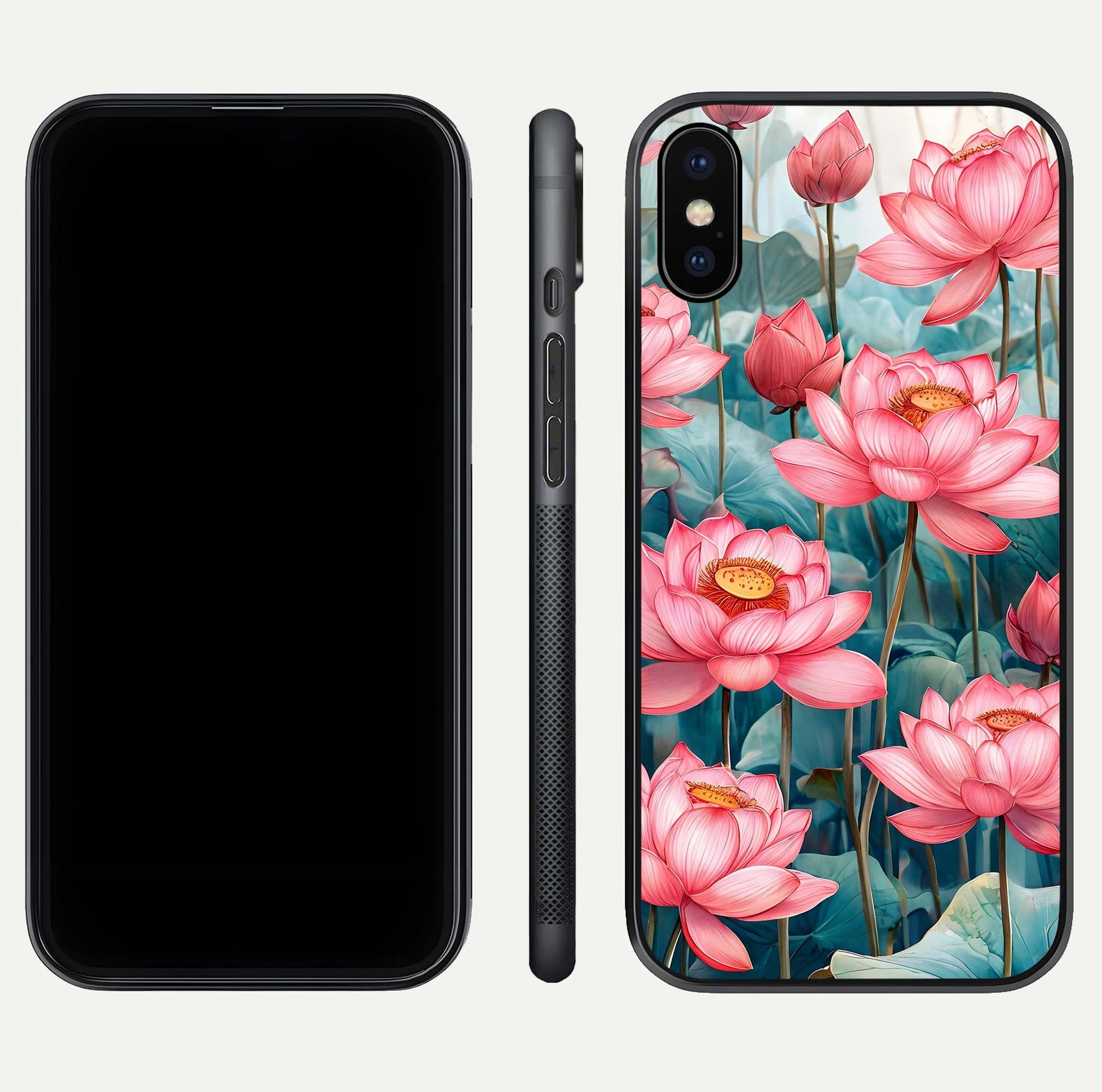 Celestial Pink Lotus Glass Case for iPhone X dual-view layout showing floral center and smooth edges