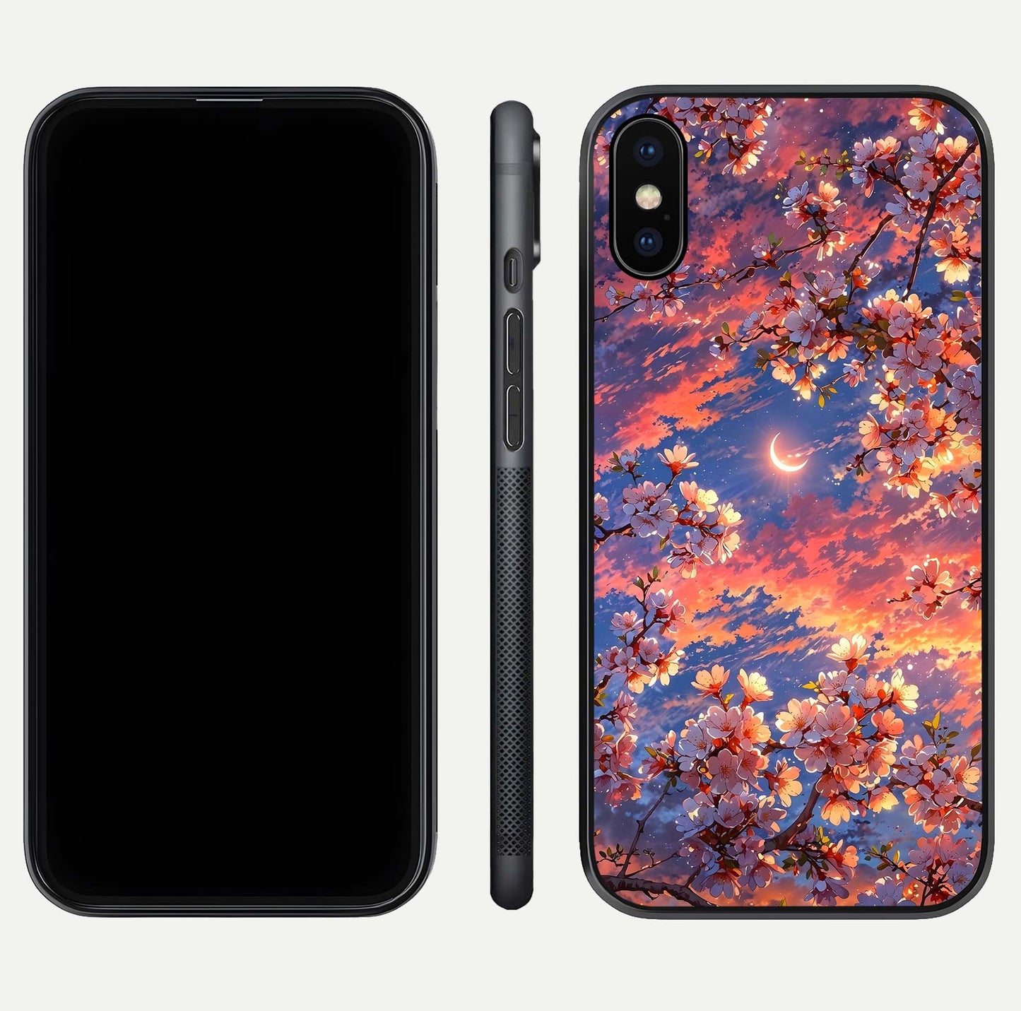 Celestial Sakura Sunset Glass Case for iPhone X dual-view layout showing floral gradient and reflection polish