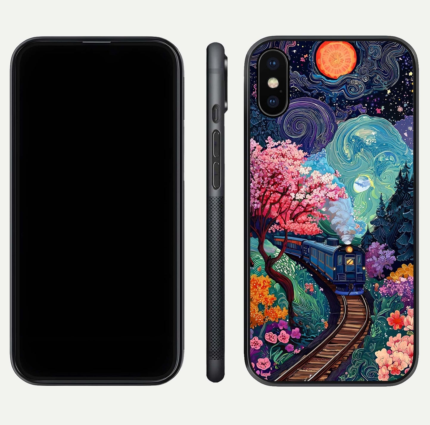 Celestial Train Journey Glass Case for iPhone X dual-view layout showing cosmic art balance and curved glass edges
