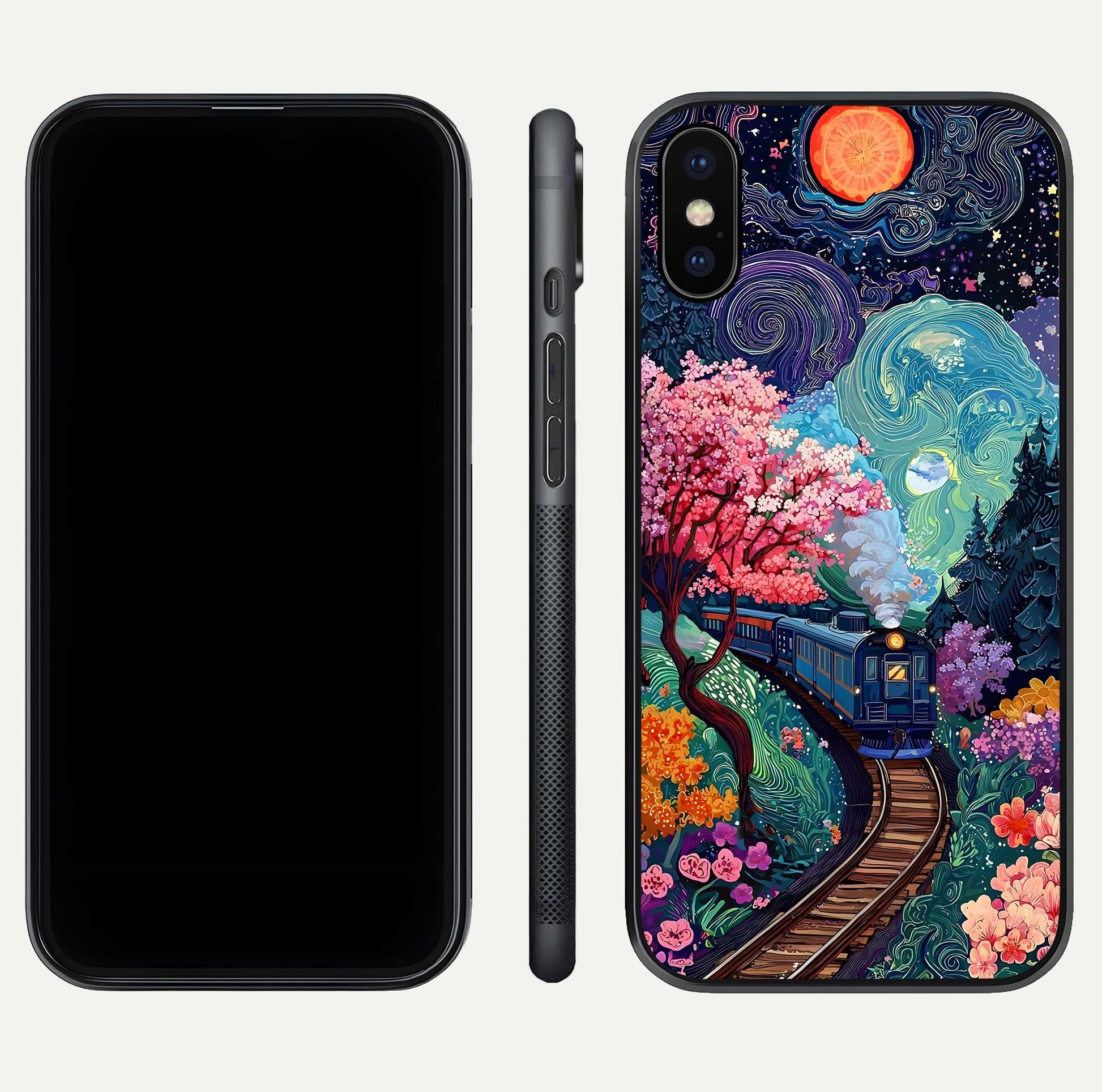 Celestial Train Journey Glass Case for iPhone X dual-view layout showing cosmic art balance and curved glass edges