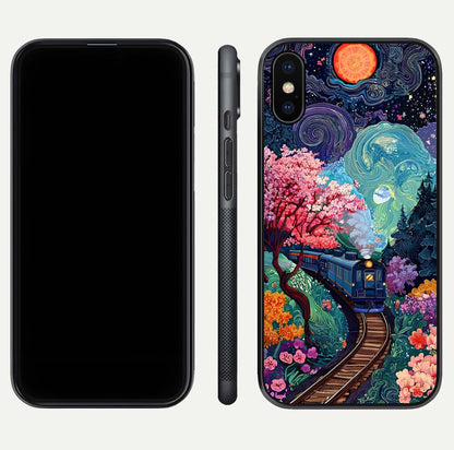 Celestial Train Journey Glass Case for iPhone X dual-view layout showing cosmic art balance and curved glass edges