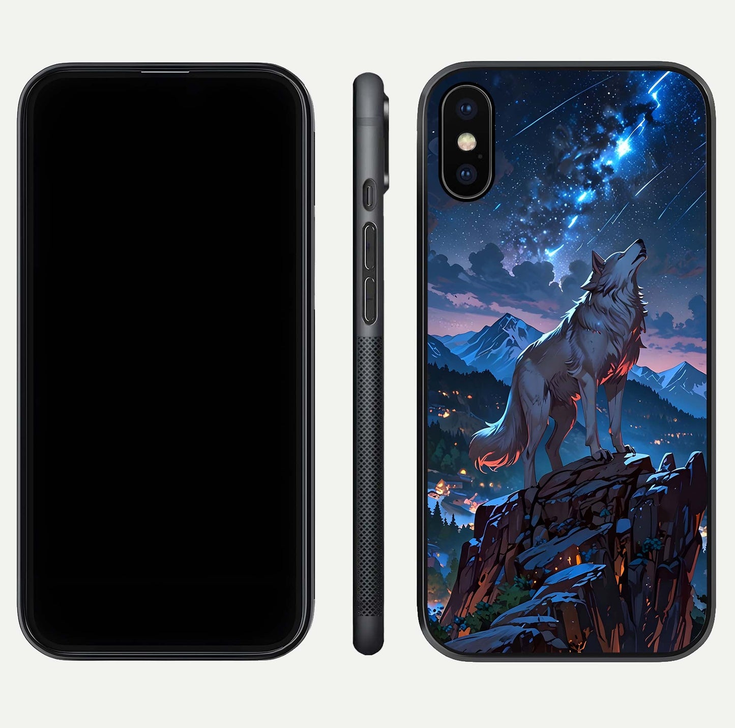 Celestial Wolf Howl Glass Case for iPhone X dual-view layout displaying night tones and protective glass edges