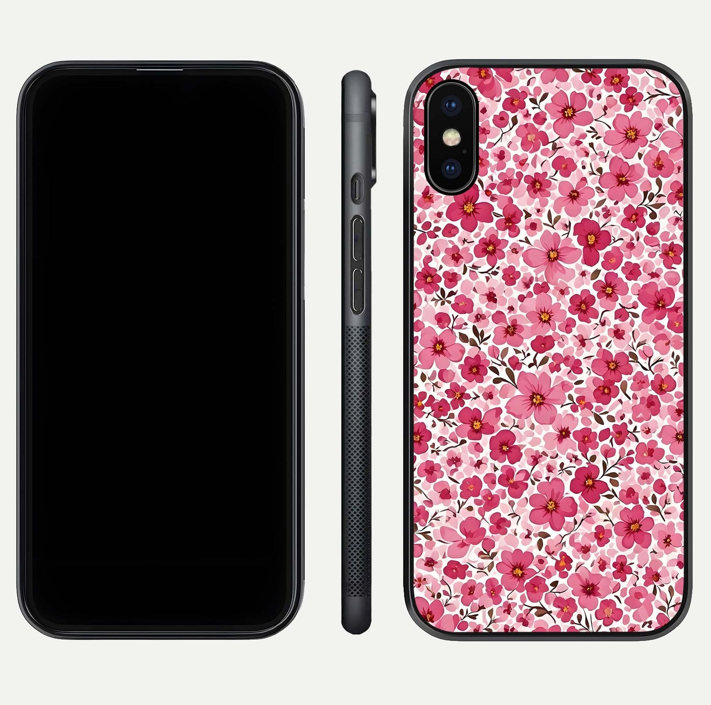 Cherry Blossom Charm Glass Case for iPhone X dual-view layout showing elegant floral balance and HD gloss