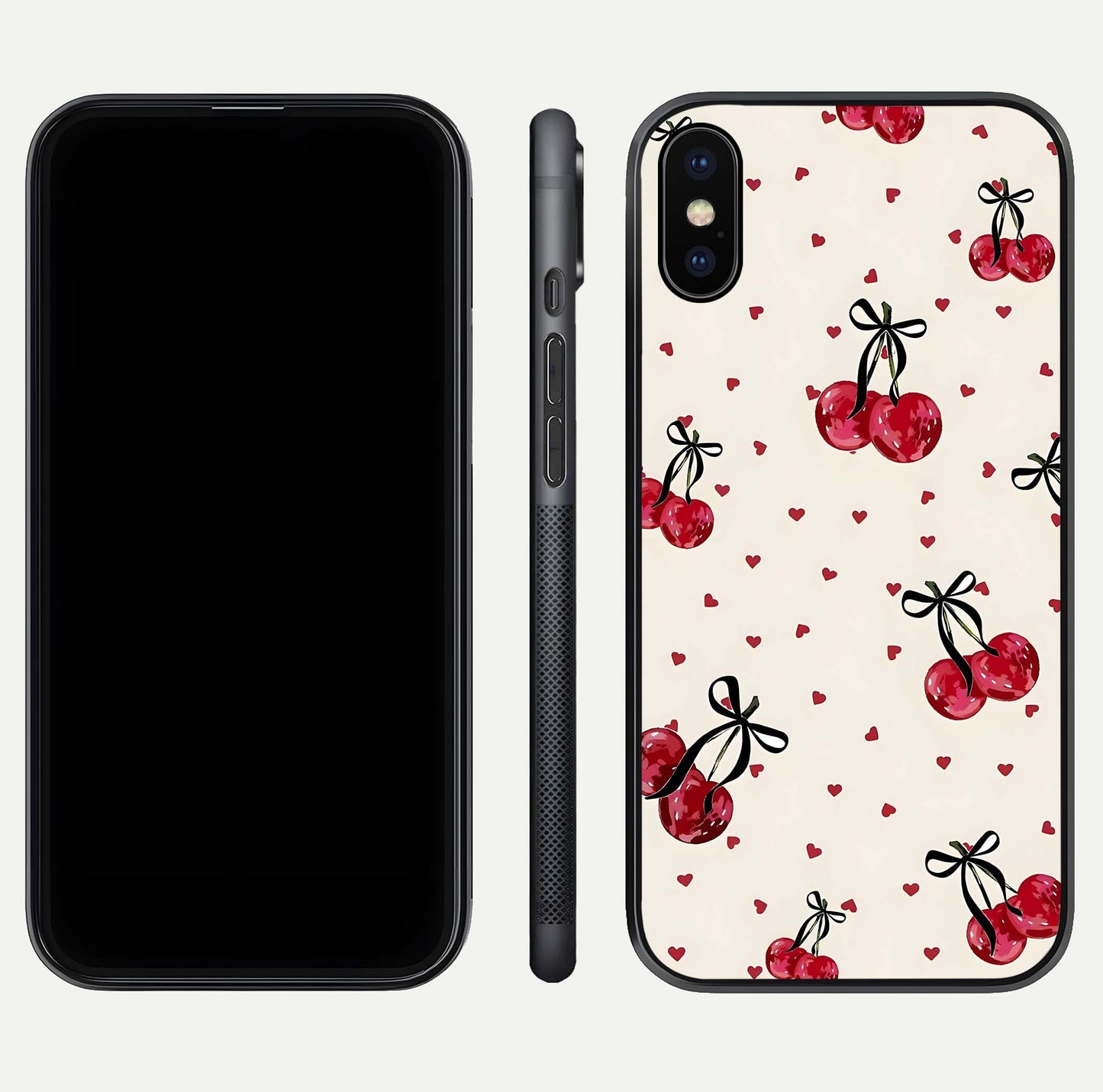 Cherry Heart Bow Glass Case for iPhone X front-and-back view showing design clarity and edge protection
