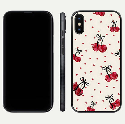 Cherry Heart Bow Glass Case for iPhone X front-and-back view showing design clarity and edge protection