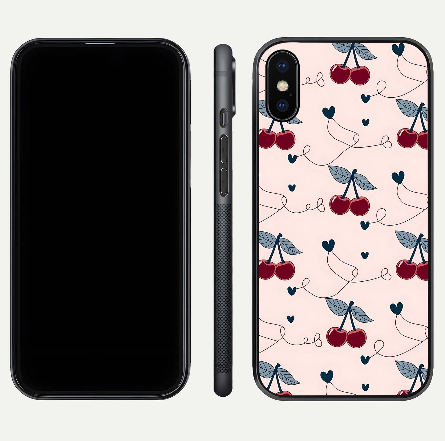 Cherry Heart Line Glass Case for iPhone X dual-view layout displaying minimal cherry motif and edge design