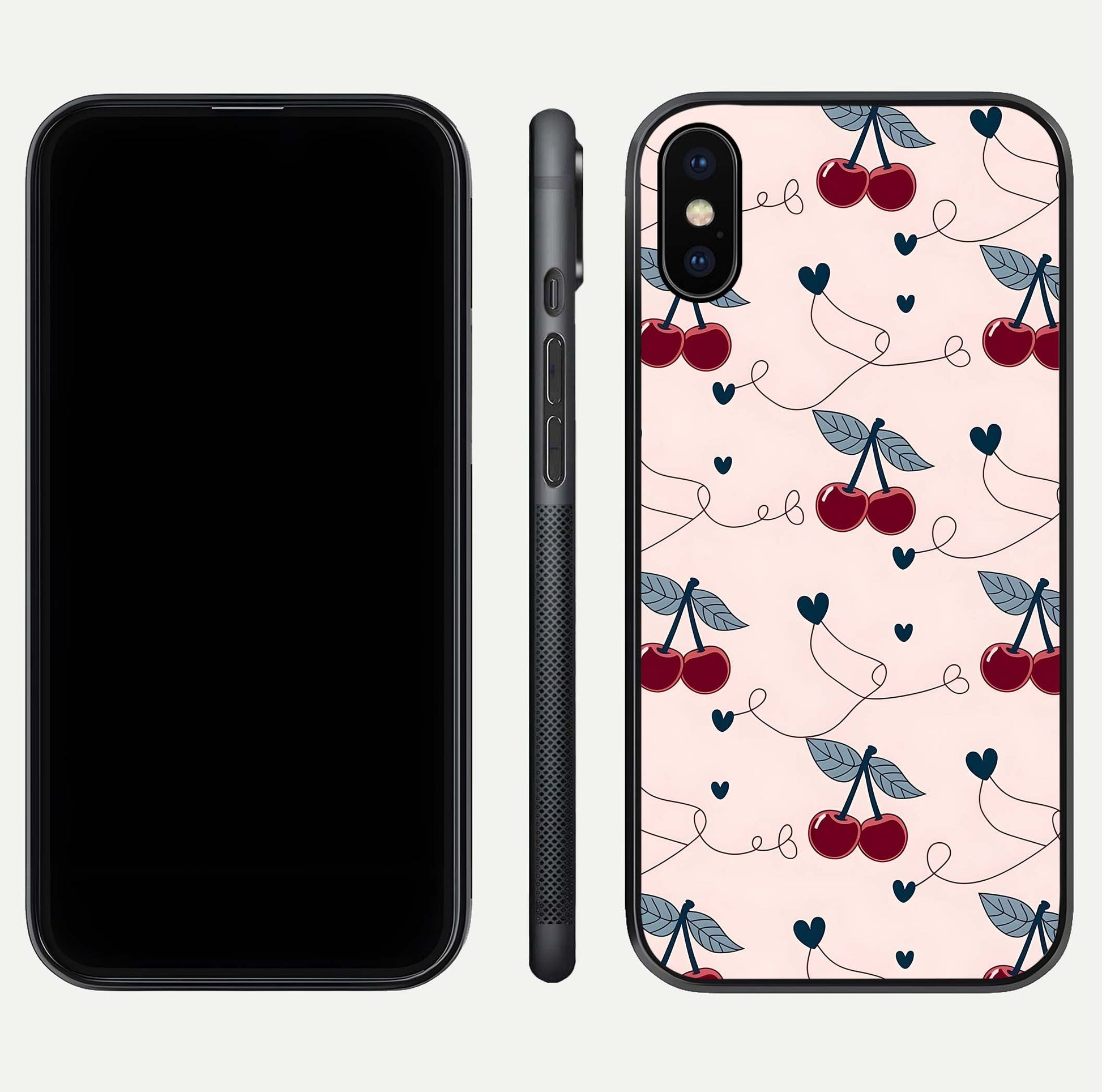 Cherry Heart Line Glass Case for iPhone X dual-view layout displaying minimal cherry motif and edge design