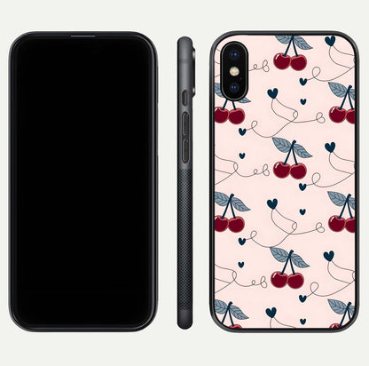 Cherry Heart Line Glass Case for iPhone X dual-view layout displaying minimal cherry motif and edge design