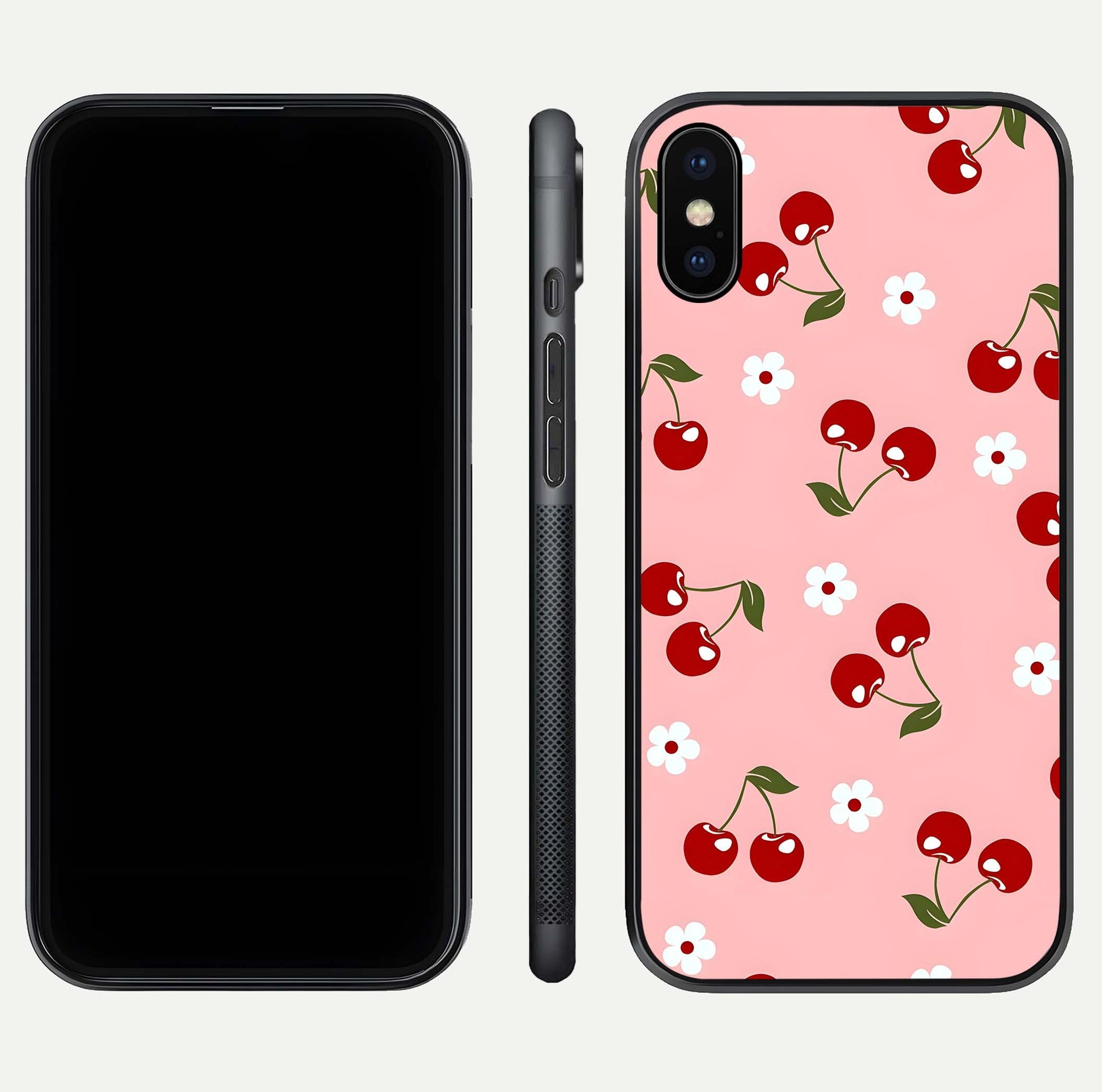Cherry Love Mood Glass Case for iPhone X dual-view layout showing design alignment and curved edges