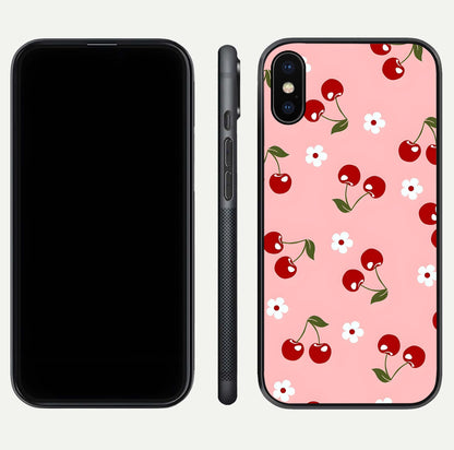 Cherry Love Mood Glass Case for iPhone X dual-view layout showing design alignment and curved edges