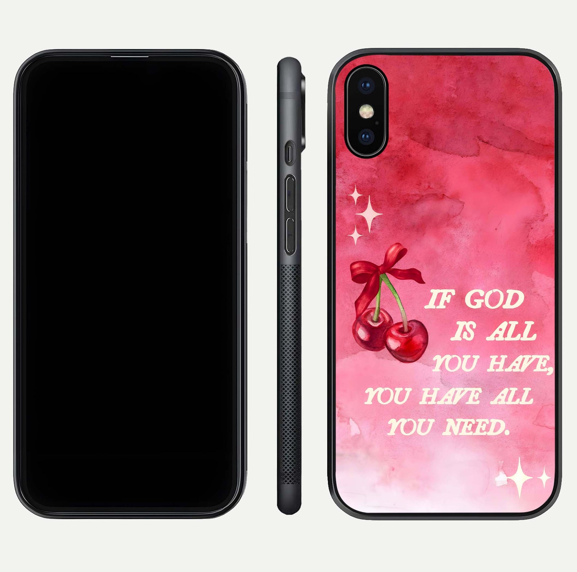 Cherry Quote Glass Case for iPhone X dual-view layout showing red cherry tones and text balance