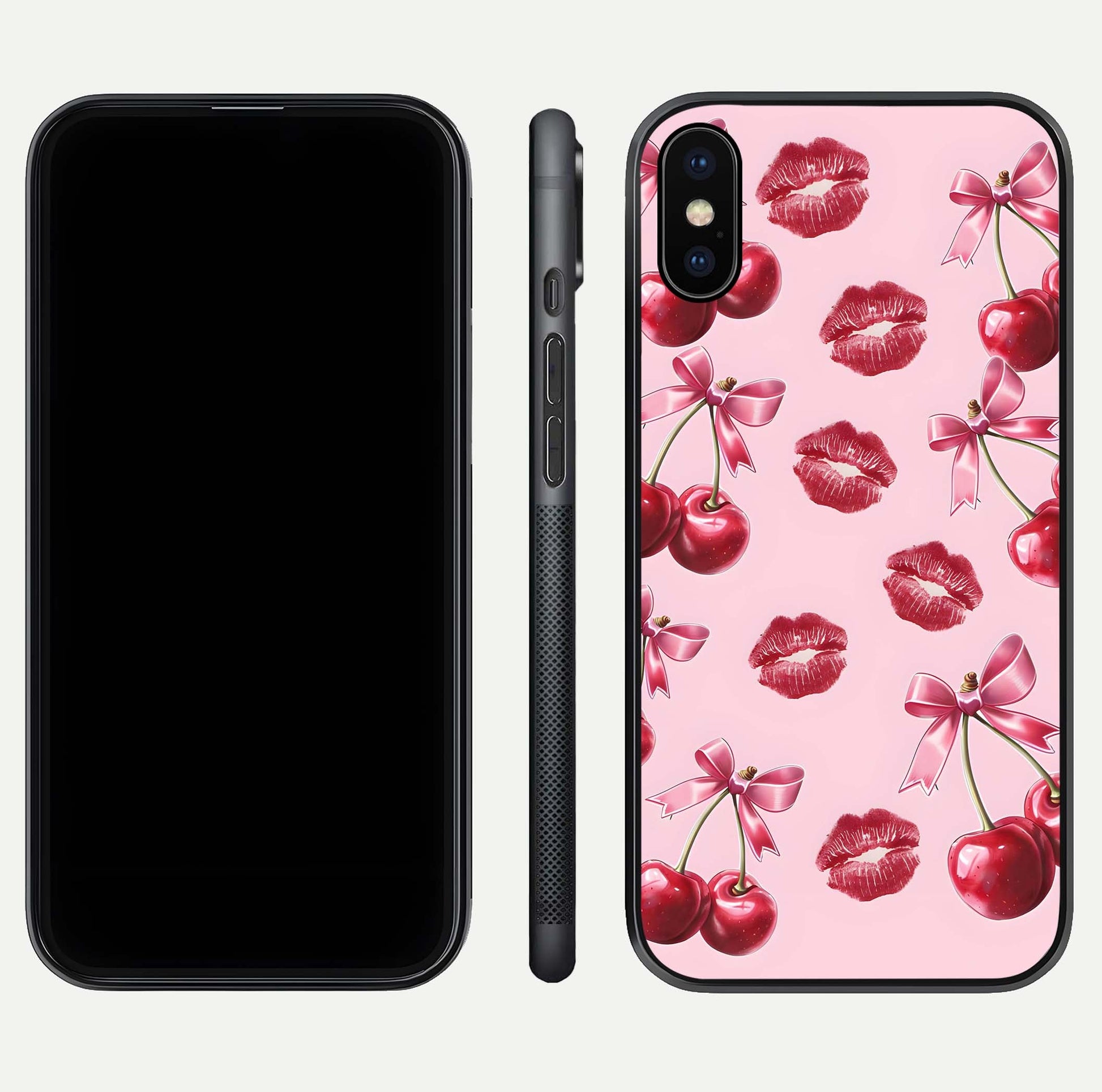 Cherry With Lips Glass Case for iPhone X front-and-back layout displaying detailed design and glass finish