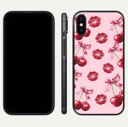 Cherry With Lips Glass Case for iPhone X front-and-back layout displaying detailed design and glass finish